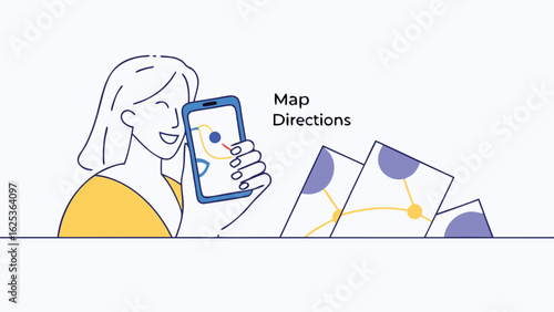Woman smiling and holding a phone with a map app displaying directions next to paper maps on a table