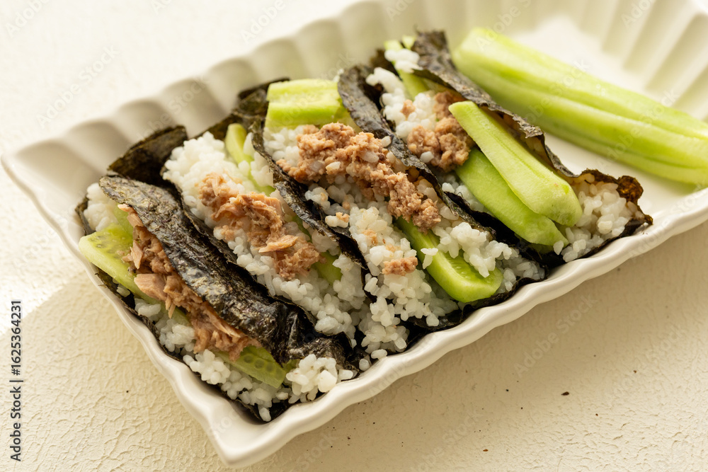 Homemade sushi taco recipe with tuna in close-up Homemade sushi taco recipe with tuna in close-up