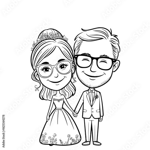 Wedding Caricature of a Smiling Couple: A heartwarming caricature captures the joy of a newlywed couple on their wedding day, with detailed expressions and a sense of whimsical happiness.