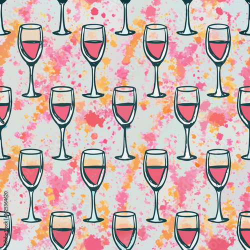Colorful pattern of wine glasses on splattered background  
