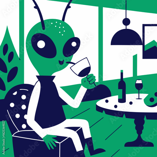 Alien character enjoying a drink while sitting in a modern living room  