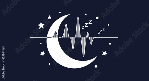 Graphic Crescent Moon with Sleep Waves and Stars on a Dark Blue Night Background