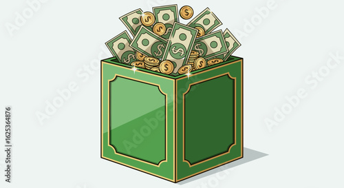 Overflowing Wealth: A Green Box Filled with Money in a Pixelated Vector Style.