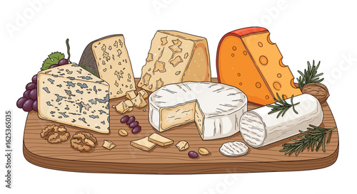 Gourmet Cheese Platter Arrangement on Wooden Board, Hand-Drawn Illustration Perfect for Food Blogs and Creative Recipes