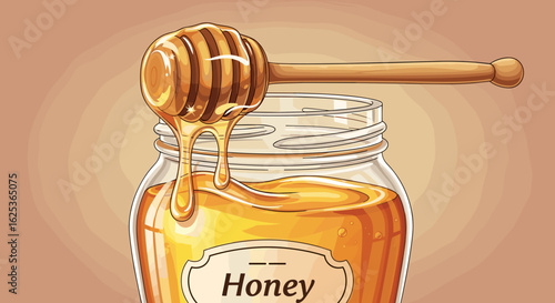 Golden Honey Jar with Wooden Dipper Drizzling Sweetness, a Natural and Delicious Treat