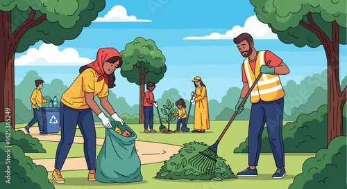 Diverse volunteers cleanup park, raking leaves and planting trees, fostering community engagement, illustration with bright skies.