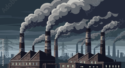 Industrial Landscape: A Pixelated Depiction of Pollution with Towering Smokestacks under a Cloudy and Dark Sky.