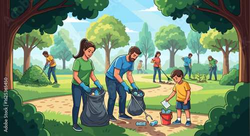 Family and Community Volunteering Together to Clean a Park, Showing Environmental Stewardship in Action.