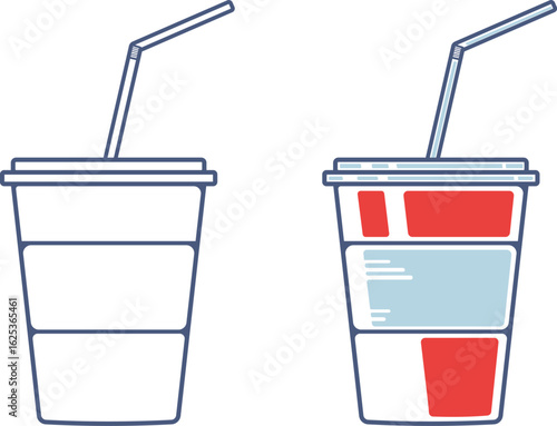 Flat Line Art Soft Drink Cup with Straw - Colored and Outline Versions
