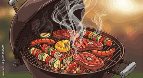 Sizzling Summer BBQ: Delicious Food Grilling on a Hot Charcoal Grill Outdoors Illustration.