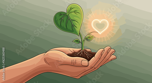 Heartfelt Nurturing: A Hand Holding a Budding Plant and Glowing Heart Symbolizes Growth and Love.