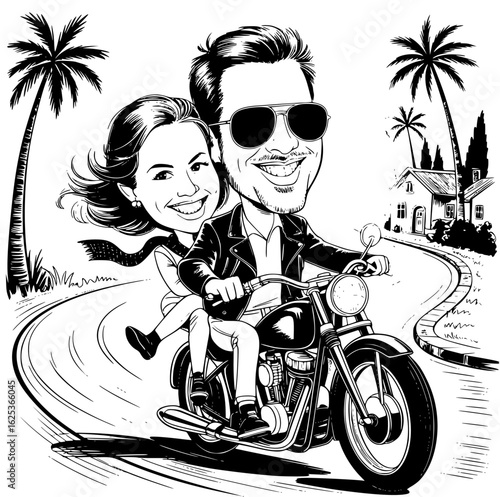 Riding into Happiness: A couple cruises along a sun-kissed road on a vintage motorcycle. Their carefree smiles embody the spirit of adventure and freedom.