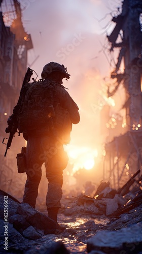 Silhouette Of Soldier In War Torn City At Sunset