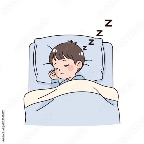 A young boy is sleeping soundly in his bed, covered with a light blue blanket, with "zzz" above his head.