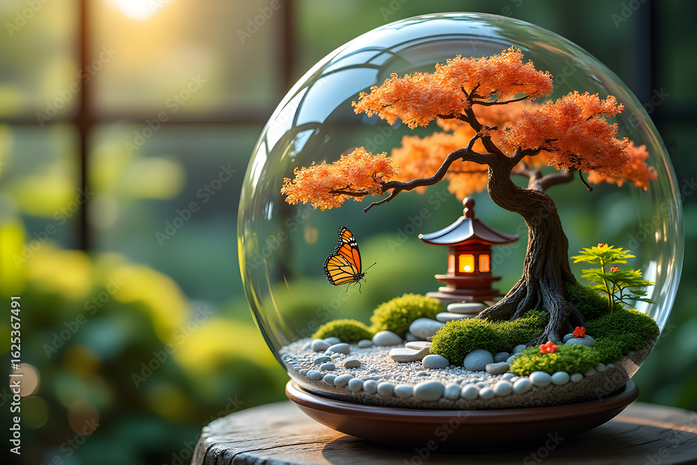 Fototapeta premium Miniature japanese zen garden with autumn maple tree inside a glass terrarium