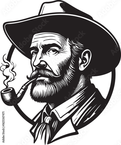 Black and white illustration of a bearded man wearing a cowboy hat and smoking a pipe vector
