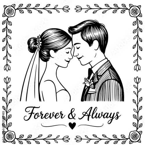Forever & Always: A timeless sketch of a newly married couple sharing an intimate moment framed by floral elements, symbolizing eternal love and commitment.