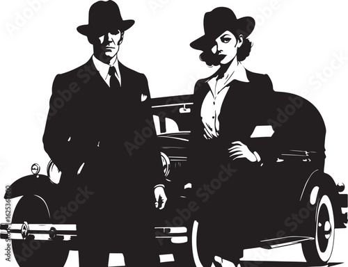 Black and white illustration of a man and woman in vintage clothing standing next to a classic car couple