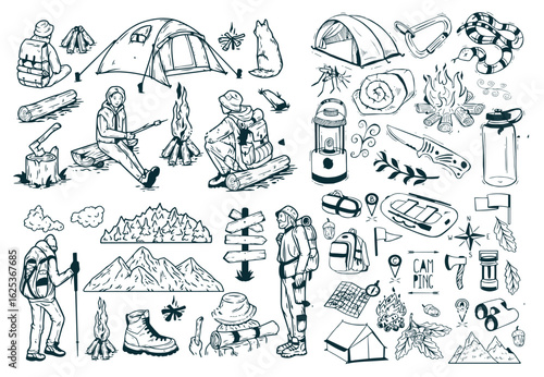 Summer camping and outdoor adventures design elements set, quotes and icons vector illustration 