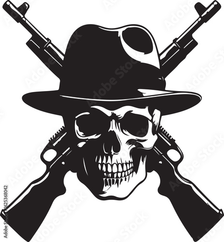 Black and white illustration of a skull wearing a fedora hat with crossed rifles guns