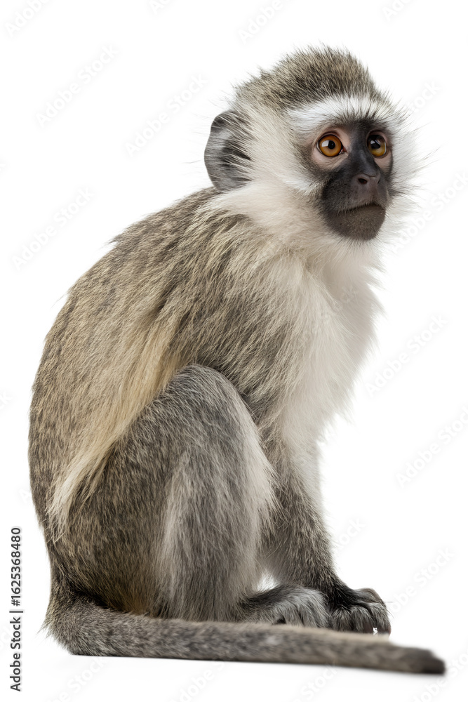 Fototapeta premium Cute monkey sitting and looking curious, isolated on white background, wildlife primate portrait