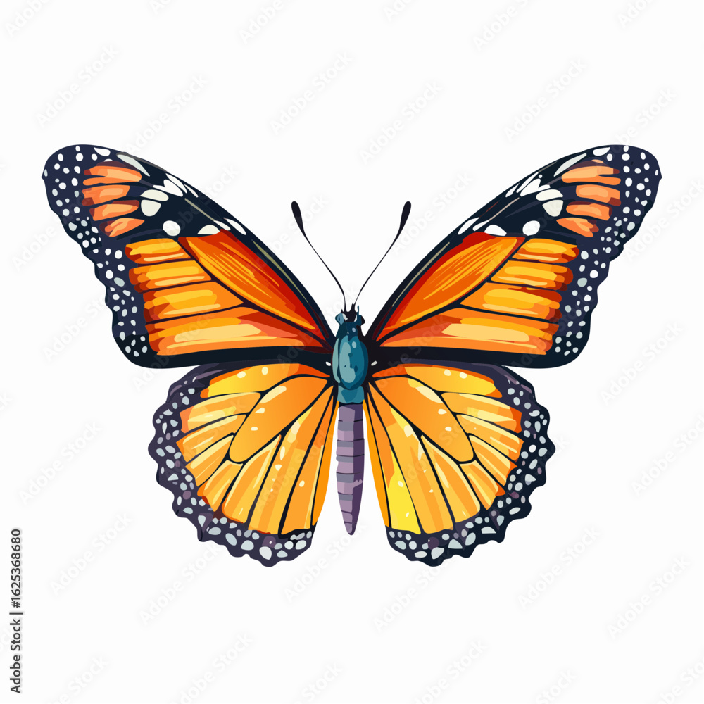 Obraz premium a stippling vector illustration of a monarch butterfly with micro dots on wing veins, body segments, and antennae detail