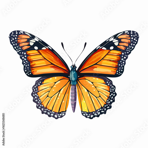 a stippling vector illustration of a monarch butterfly with micro dots on wing veins, body segments, and antennae detail