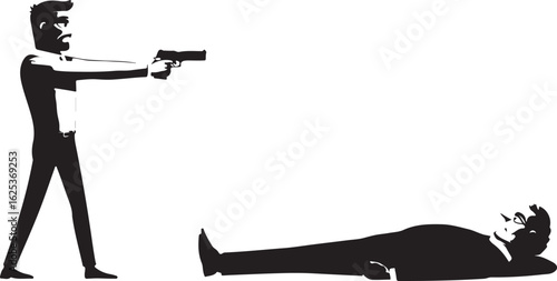 Silhouette man aiming gun at another man lying on the ground crime violence