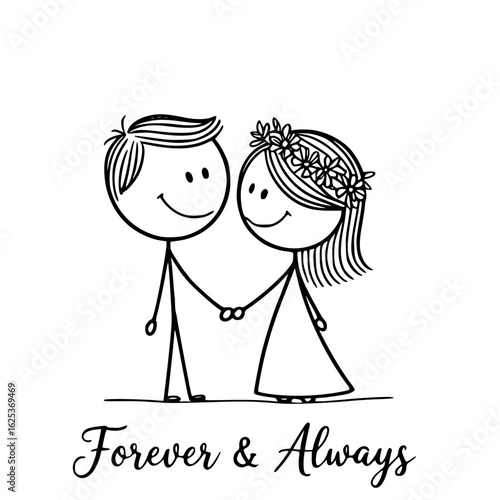 Eternal Bond: A heartwarming illustration captures a bride and groom's loving embrace, as they gaze into each other's eyes and pledge 'Forever & Always' together.