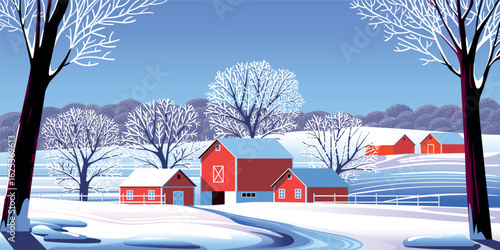 Winter seasonal landscape with snow-covered trees and farmhouses in the first plan, fields and  forest on hills under snow in the background. Trendy handmade drawing vector illustration.