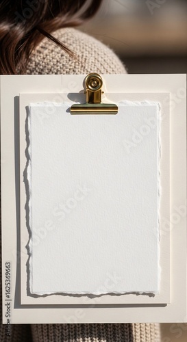Minimalist mockup featuring a woman holding a blank vertical paper on a clipboard