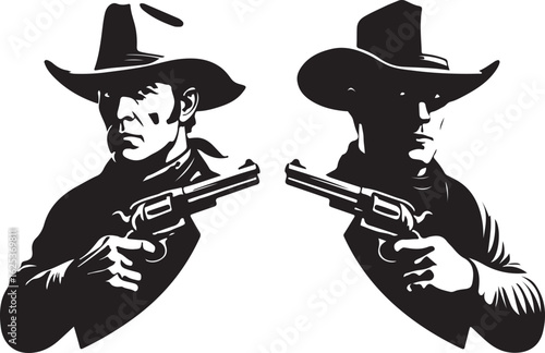 Two cowboys in black and white holding revolvers western pistol