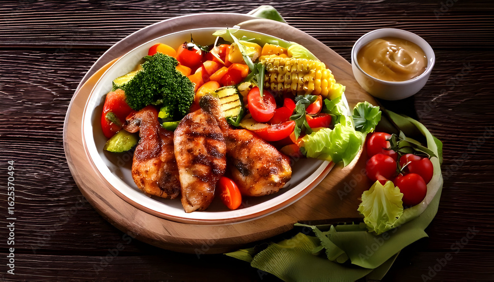 Fototapeta premium Grilled Chicken with Roasted Potatoes and Fresh Vegetables on Plate