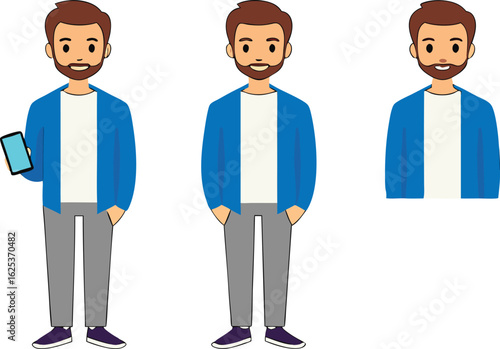 Three cartoon men with beards wearing blue jackets grey pants male person