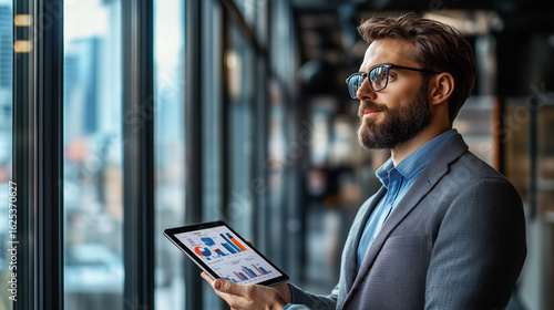 A professional banker standing in a high-rise office, looking out at the city skyline while holding a tablet displaying financial analytics.