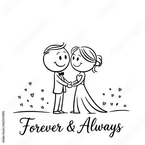 Eternal Bond: A charming cartoon illustration captures the essence of forever love as a newlywed couple, united in their vows, stands hand in hand with a heartwarming message beneath.