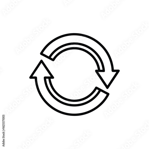 A black and white line art icon featuring two curved arrows forming a circle, symbolizing refresh, repeat, or a continuous cycle.