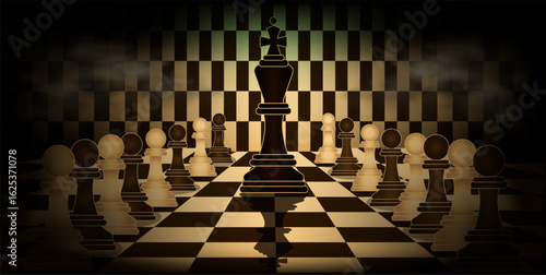 Chess King and paws on the chessboard, vector illustration