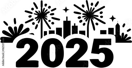Illustration of the year twenty twenty five with fireworks and a city skyline in black and white design silhouette