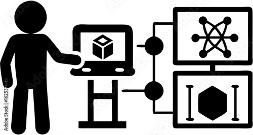 Person interacting with a computer displaying a cube and connected to two monitors with diagrams silhouette