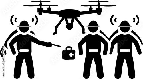 Illustration of a drone above three figures with a first aid kit and radio signals, all in black and white silhouette