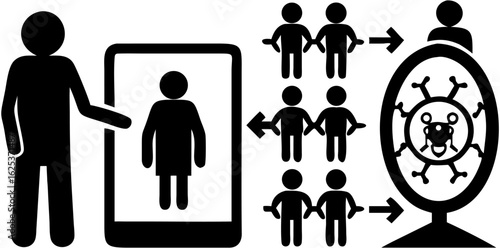 Illustration showing a person pointing to a phone with a person on the screen and virus spreading 100 char silhouette