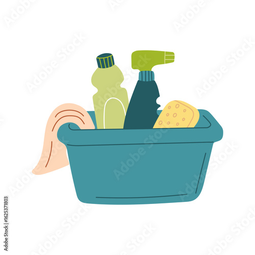 Basin with household chemicals, rag and sponge. Cleaning products on a white background.
