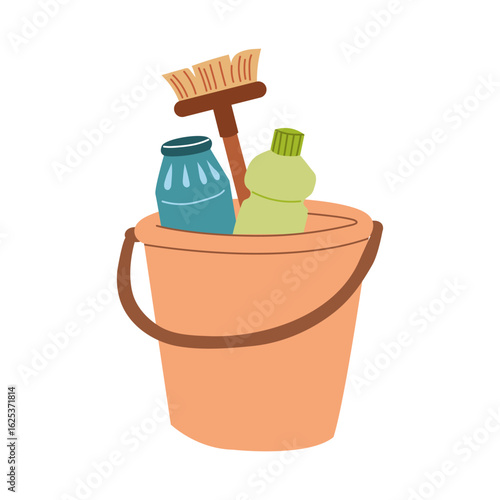 Bucket with cleaning products inside on white background. Vector illustration.