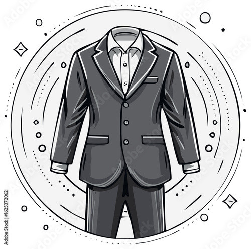 Classic men's formal suit illustration floating in a stylized circular frame