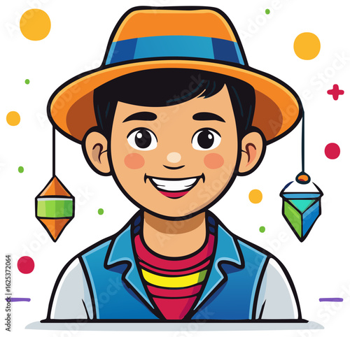 Cheerful cartoon boy illustration wearing a festive hat with dangling geometric lanterns