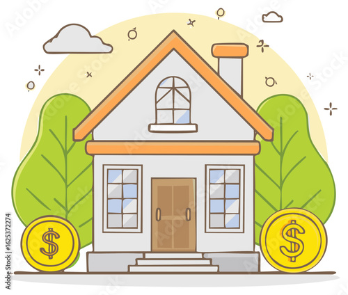 Cartoon house illustration with coins and green trees representing financial concept