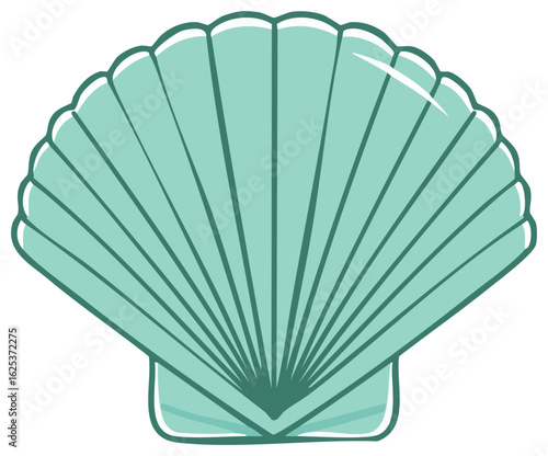 A single teal green scallop shell illustration. Simple fan shaped marine clam icon for summer or beach themes.