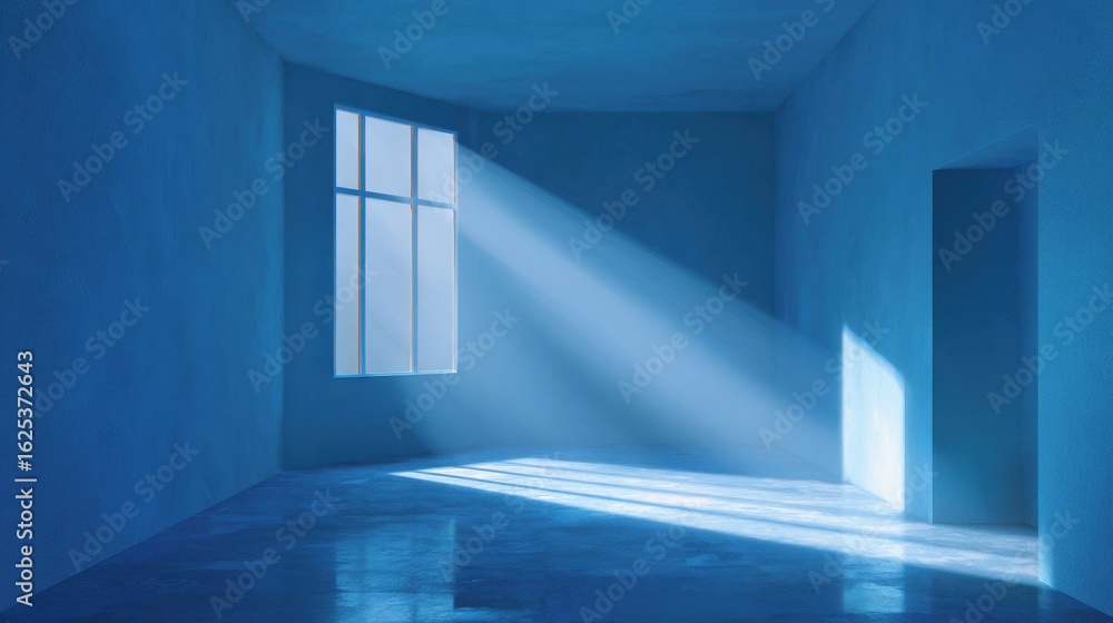 Obraz premium A blue room with a light shining on it.