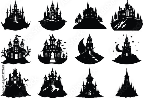 Vector silhouette of Halloween icons and symbols isolated on transparent background